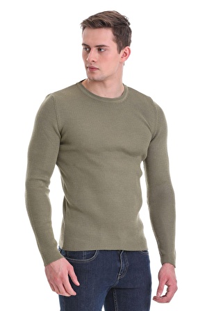 Yeşil Slim Fit Fitilli Bisiklet Yaka Yünlü Triko Kazak | L