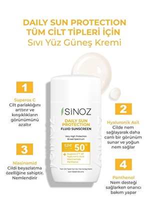 Sinoz Spf50 Günlük Kullanım Sıvı Yüz Güneş Kremi - Yeni Nesil Güneş Filtreleri İle Hibrit Formül 50ml