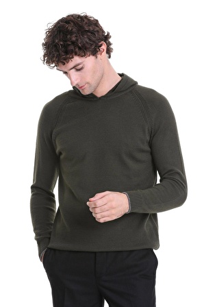 Haki Regular Fit Jakarlı Kapüşonlu Triko Kazak | M