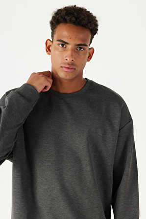 Erkek Antrasit-melanj Oversize Bol Kesim Bisiklet Yaka Düz Sweatshirt