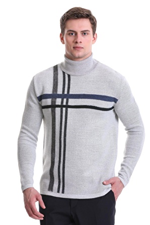 Gri Comfort Fit Desenli Balıkçı Yaka Yünlü Triko Kazak | XL