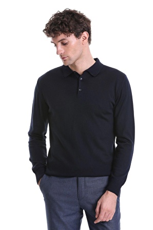 Lacivert Regular Fit Düz Polo Yaka Triko Kazak | S