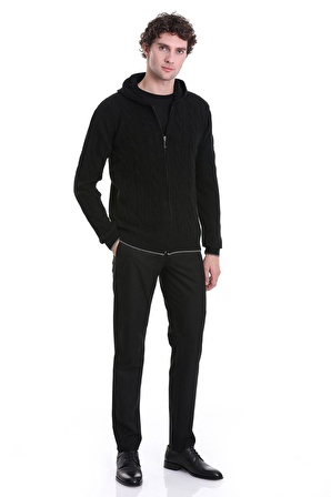 Siyah Regular Fit Jakarlı Yarım Fermuarlı Kapüşonlu Triko Kazak | XL