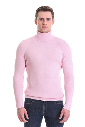 Pembe Slim Fit Fitilli Balıkçı Yaka Yünlü Triko Kazak | XXL