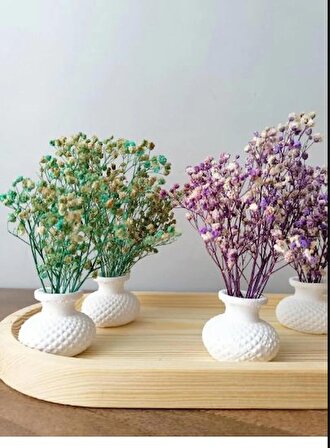dekoratif 6lı mini tombik beyaz saksılı cipso çiçekli kahve yanı sunumluk dekoratif obje