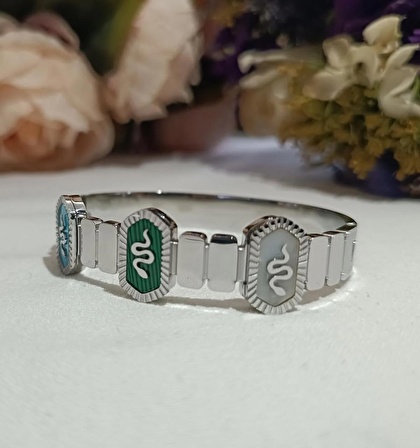 Luna Jewelry Kadın Gümüş Renk 316L Çelik Yılan Desenli Sedef Detaylı Renk Atmaz Kelepçe Bilezik