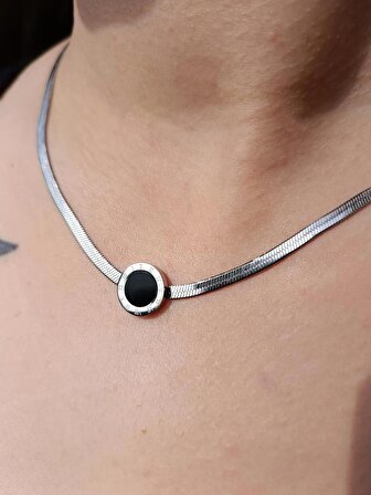Luna Jewelry Kadın Gümüş Renk Roma Rakamlı Siyah Taşlı İtalyan 316 L Çelik Zincir Kolye