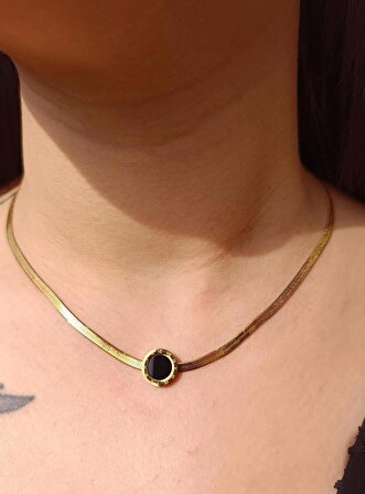 Luna Jewelry Kadın Gold Renk Roma Rakamlı Siyah Taşlı İtalyan 316 L Çelik Zincir Kolye