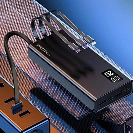 Taşınabilir Şarj Aleti Siyah Powerbank 4in1 Dahili Kablolu 20000 mAh Lcd Led Ekran