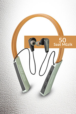 Boyun Askılı Deri Sporcu Kulaklık Super Bass 50 SAAT Şarj Bluetooth Wıreless Gold