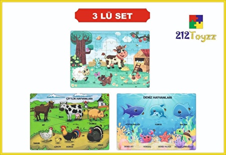 Ahşap Türkçe 3 ’lü Set Eğitici öğretici çiftlik Hayvanları.-deniz hayvanları-koyun puzzle