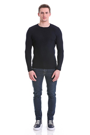 Lacivert Slim Fit Fitilli Bisiklet Yaka Yünlü Triko Kazak | S