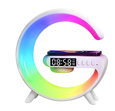 15W G Şekli LED Kablosuz Şarj Özellikli Hoparlör Renk Değiştirme Zamanlayıcı Çalar Saat Şarj Standı, Yatak Odası İçin Başucu Masa Lambası ve Hoparlör