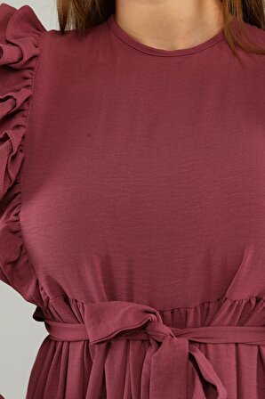 Kadın Omzu Fırfırlı Bel Kuşaklı Tesettür Elbise Oversize