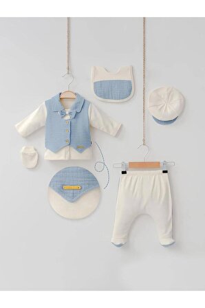 Erkek Bebek Bayramlık 5'li Yenidoğan Düğmeli Papyonlu Üst Pantolon Şapka Önlük Eldiven 0-3 Aylık