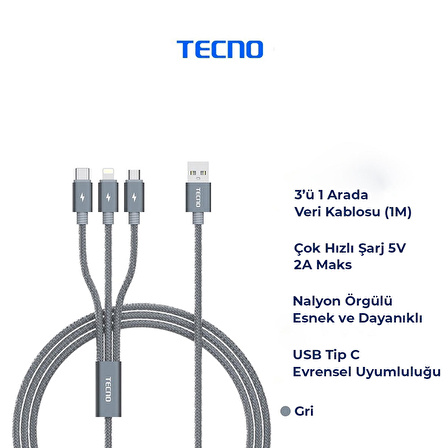 Tecno Camon 17P 3in1 Lightning, Type-C, Micro Çıkışlı Örgülü Hızlı Data ve Şarj Kablosu