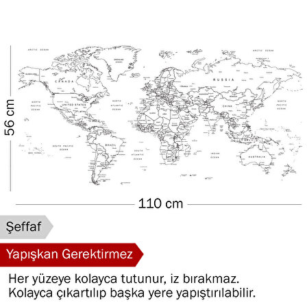 Dünya Haritası - Yapışkansız Tutunan, Not Belge Fotoğraf Kağıt Tutucu Özellikli Statik Akıllı Kağıt