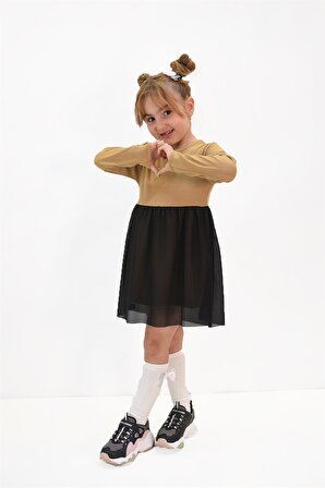 Kız Çocuk Tül Detaylı Triko Elbise