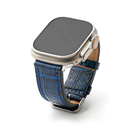 Lesband Leather Crocco Mavi Gerçek Deri Apple Watch Kordon Seri 1-8, SE, Ultra ve Ultra 2 ile uyumlu