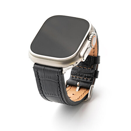 Lesband Leather Crocco Siyah Gerçek Deri Apple Watch Kordon Seri 1-8, SE, Ultra ve Ultra 2 ile uyumlu 