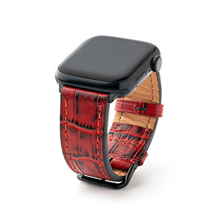 Lesband Leather Crocco Kırmızı Gerçek Deri Apple Watch Kordon Seri 1-8, SE, Ultra ve Ultra 2 ile uyumlu