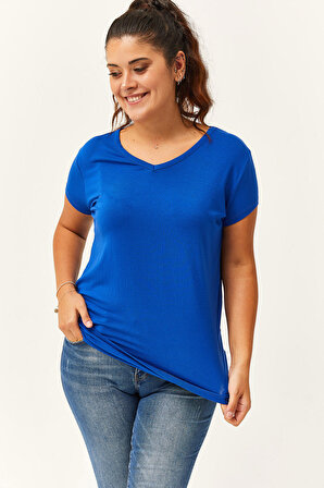 Kadın Büyük Beden V Yaka Basic Kısa Kollu Mavi T-Shirt