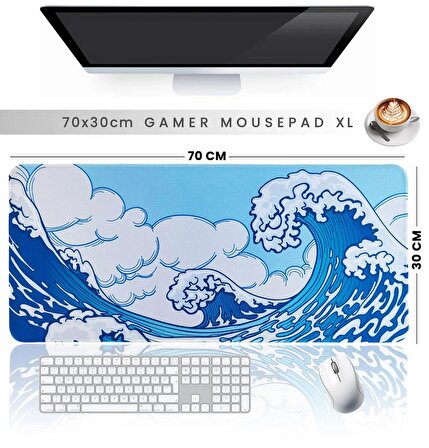 70x30cm Mouse Pad Kaymaz Kauçuk Taban Dikişli Gaming Oyuncu Mousepad Japon Dalgası