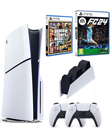 Sony Playstation 5 Slim Cd Edition + 2. DualSense Ps5 Kol + Sarj istasyonu + Fifa Fc 24 + GTA 5 (ithalatçı Garantili)