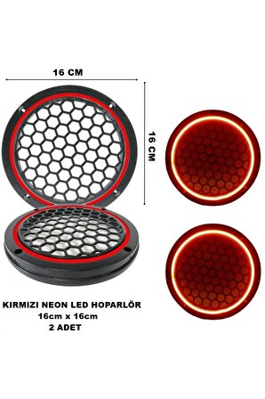 16x16 cm Neon Led Işıklı Midrange Hoparlör Kapağı Yuvarlak Çiftli (2 adet) Kırmızı Renk