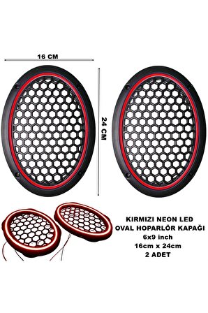 16x24 cm 6x9 inch Neon Led Işıklı Midrange Oval Hoparlör Kapağı Çiftli (2 adet) Kırmızı Renk
