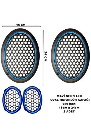 16x24 cm 6x9 inch Neon Led Işıklı Midrange Oval Hoparlör Kapağı Çiftli (2 adet) Mavi Renk