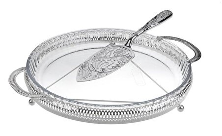 Roy King Queen Anne QA 0-6227 Kulplu Tepsi Camlı Spatulalı Gümüş Atıştırmalık Tabağı 