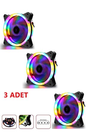 3'lü set 12 Cm Rgb Led Fan Işıklı Kasa Fanı Rainbow Kasa Soğutucu Fan