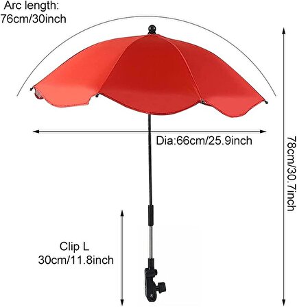 Valkyrie Bebek Arabası İçin Ayrılabilir 360 Derece Ayarlanabilir 66 cm Şemsiye - Kırmızı