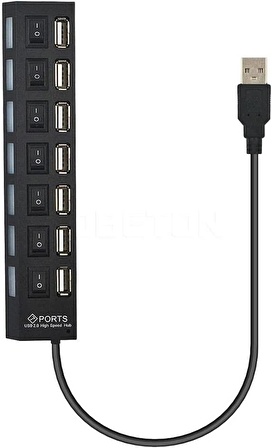 Valkyrie 7 Portlu 2.0 USB Hub Çoklu USB Çoklayıcı Splitter Power Tuşlu Adaptör Siyah