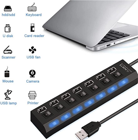 Valkyrie 7 Portlu 2.0 USB Hub Çoklu USB Çoklayıcı Splitter Power Tuşlu Adaptör Siyah