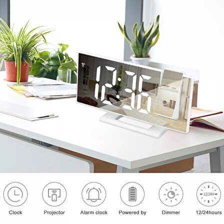Valkyrie Projeksiyonlu Alarmlı Dereceli Aynalı LED Dijital Masaüstü Saat Beyaz