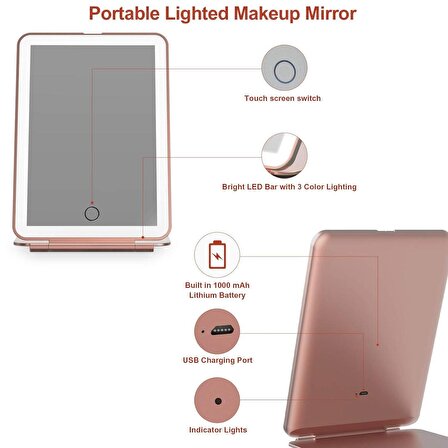 Valkyrie Katlanabilir LED Işıklı Makyaj Aynası - 3 Farklı Renk Tonu 1X 10X Yakınlaştırma Dokunmatik Touch Ekran Işık Seviye Ayarı Pembe
