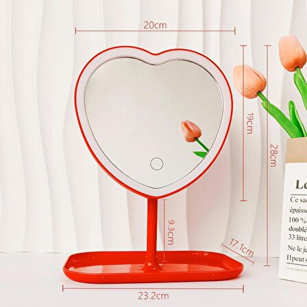 Valkyrie Kalp Şeklinde LED Işıklı Şarjlı Makyaj Aynası - 3 Farklı Işık Rengi - Dokunmatik Touch Ekran - Şarjlı ve Kontrast Ayarlı - Büyük Boy Kırmızı