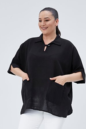 Kadın Büyük Beden Gömlek Yaka Ekstra Rahat Kalıp Siyah Bluz