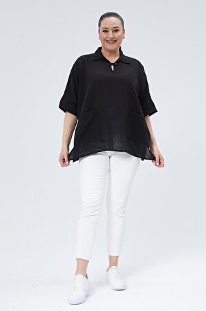 Kadın Büyük Beden Gömlek Yaka Ekstra Rahat Kalıp Siyah Bluz