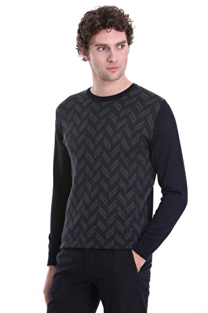 Lacivert Regular Fit Jakarlı Bisiklet Yaka Yünlü Triko Kazak | XL