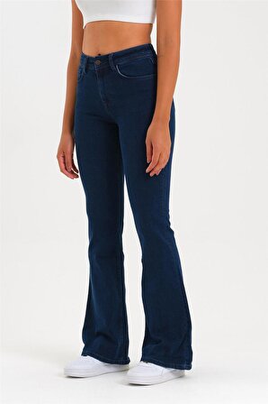 Kadın Lacivert Likralı Yüksek Bel Flare Jeans