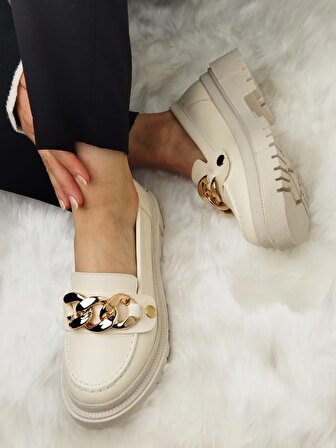 Ressome Laofer Kadın Gold Figürlü Klasik Şık Zincir Detaylı Ayakkabı