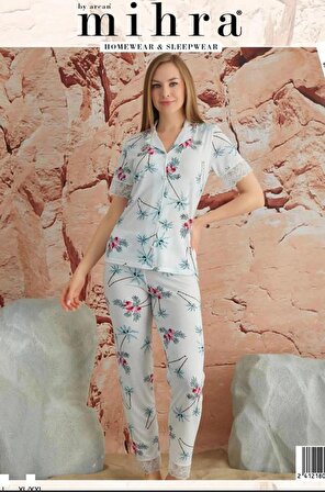 Arcan 90424-5 Çiçek Desenli Kısa Kol Gömlek Dantel Paçalı Beyaz Kadın Pijama Takımı