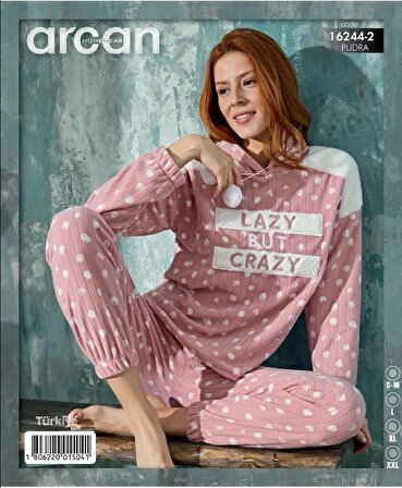 Arcan 16244-2 Fitilli Polar Kapüşonlu Lazy But Crazy Kadın Pijama Takımı