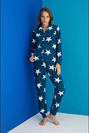 Arcan 16201-5 Yıldız Desen Fitilli Polar Kadın Pijama Takımı