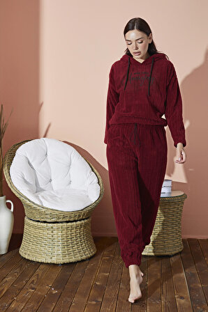 8975-2 Wellsoft Kapüşonlu Kadın Pijama Takımı Bordo