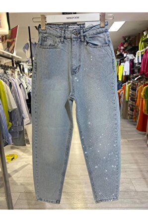 Misspoem Mom Jeans Full Taşlı Özel tasarım denim % 100 cotton 72738