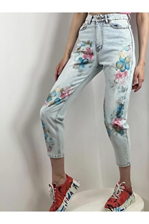 Misspoem Mom Jeans Çiçekli Özel Tasarım Denim % 100 Cotton 72738BC1